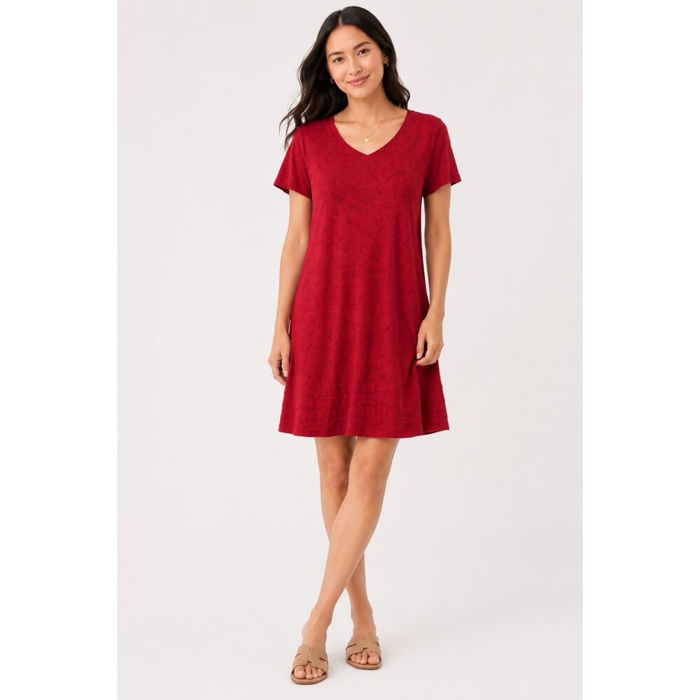 Nicole Miller Women's XL Red Linen Blend Leaf Print Knee Length Dress Casual
